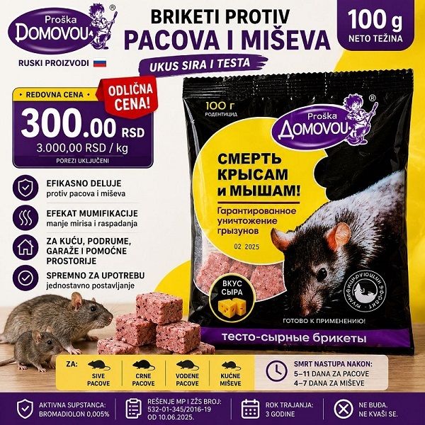 Domovoj briket protiv pacova i miševa od sira i testa efekat mumuficiranja 100 g ukus SIRA Domovoj Proška za zaštitu od glodara